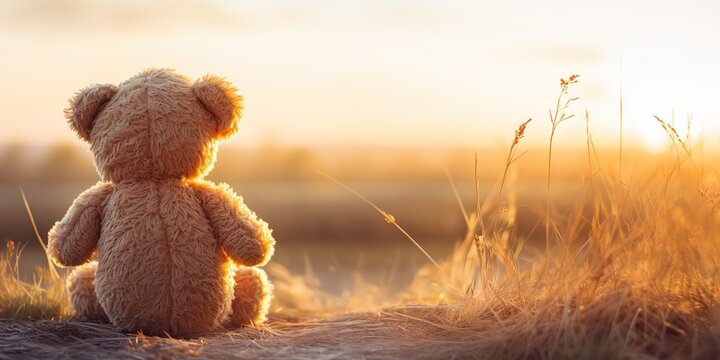 AI Generated. AI Generative. Alone missing one toy doll little bear sitting looking on sunset background landscape outdoor. Graphic Art