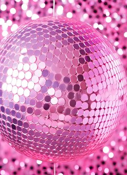 a disco ball with pink and purple glitters in the background stock photo - 1386792 jpd
