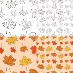 Vector autumn pattern, illustration of fall leaves, set of seamless background patterns, outline drawing style and colored maple leaves, design for print 