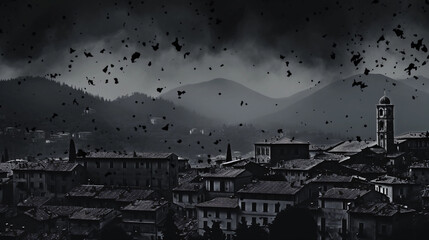 Ashfall from a volcanic eruption covering a deserted town, dark gray sky, ash on rooftops and cars, ash particles floating in the air