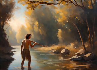 Paleolithic young man spear fishing in a river - obrazy, fototapety, plakaty