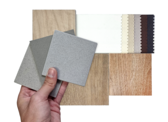 architect compares interior material samples between stone quartz, drapery fabric catalog, multi color and texture of wooden ceramic tiles isolated on background with clipping path. close up view.