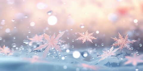 Fototapeta na wymiar Whimsical snowflakes falling, intricate design, soft lighting, ethereal, pastel background