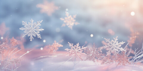 Whimsical snowflakes falling, intricate design, soft lighting, ethereal, pastel background