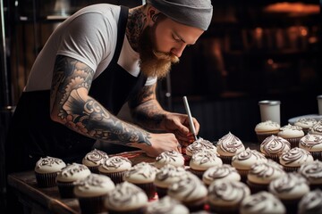 Obraz na płótnie Canvas Male pastry chef makes cakes