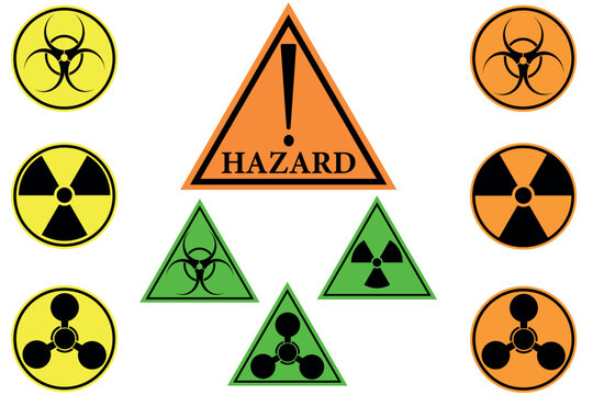 Hazard. Different vector danger signs. Radiation sign, biohazard sign, toxicity sign.Vector illustration