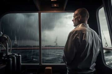 The captain of the boat stands in the captain's room during a storm on the open sea.