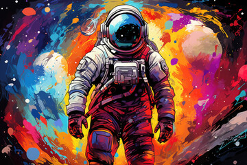 Astronaut in space suit against abstract cosmic background. Deep space exploration