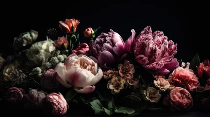 Fototapeten Vintage flowers. Peonies, tulips, lily, hydrangea on black. Floral background. Baroque style floristic illustration. © Matthew