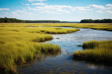 Landscape of wetland on a clear summer day. - obrazy, fototapety, plakaty