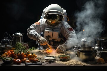 Astronaut cooking beef burger on moon. Generative AI. - obrazy, fototapety, plakaty