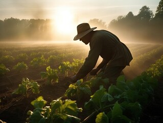 Skilled farmer tending to a sunlit field of young crops, cultivating the land for a bountiful harvest. Agriculture, hard work, farm life, growth, dedication