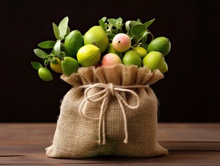 Succulent guavas, a tropical indulgence, artfully arranged in a burlap pouch, highlighting their inviting aroma, made with Generative AI