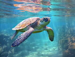 Serene turtle glides in tranquil waters, embodying aquatic grace and peacefulness, made with Generative AI