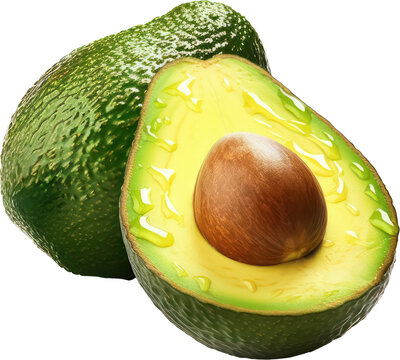 Half of Fresh and whole ripe green avocado, healthy fruit, vegetable, PNG, Transparent, isolate.
