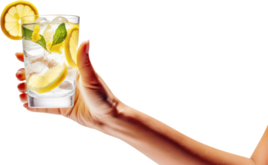 Hand holding glass of mojito refreshing ice lemonade lime mint, cocktail, PNG, Transparent, isolate.