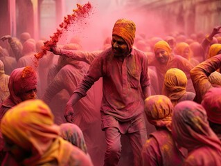Holi celebration bursts with colorful powders, lively dances, and festive togetherness., made with Generative AI
