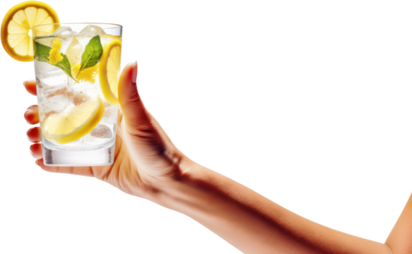 Hand holding glass of mojito refreshing ice lemonade lime mint, cocktail, PNG, Transparent, isolate.