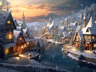 Winter wonderland: A blurred scene with snow-covered trees and a hint of twinkling lights. Enchanting, serene, snowy landscape, made with Generative AI