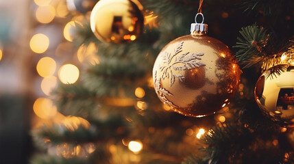Close-up of a Christmas tree with holiday decorations on a blurred background, festive mood