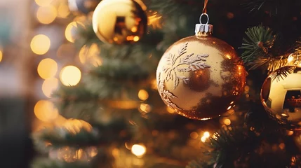 Fotobehang Close-up of a Christmas tree with holiday decorations on a blurred background, festive mood © ArturSniezhyn