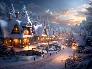 Winter wonderland: A blurred scene with snow-covered trees and a hint of twinkling lights. Enchanting, serene, snowy landscape, made with Generative AI
