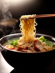 Tuinposter Pork bone Authentic Japanese Ramen, hot pork noodle soup with spicy chili and spring onions in clay bowl © SObeR 9426