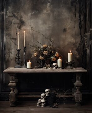 an old table with candles, skulls and flowers in the middle part of the image is dark grey wallpaper