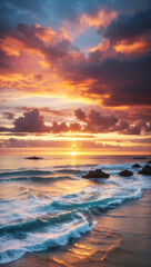 Fototapeta na wymiar Sunset On The Beach Wallpaper Beautiful Background Ai Generated