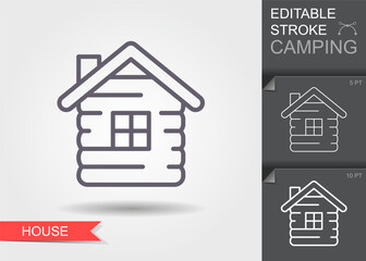 Cabin icon. Outline house icon with editable stroke. Linear symbol of camping with shadow. - 643165767