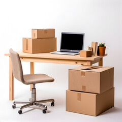 Desk with laptop and shipping boxes isolated with white background. E-commerce and online shopping concept for business.  Generative ai. 
