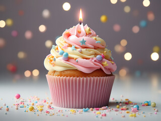 Birthday cupcake with a candle on a light pink background. Generative Ai