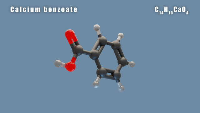 Calcium benzoate molecule of C14H10CaO4 3D Conformer render. Food additive E213.