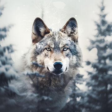Wolf in the snowy mountains with trees in the background. Nature and wilderness concept. 