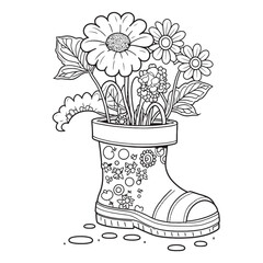 rubber boots with a bouquet of autumn leaves contour drawing by hand linear coloring vector