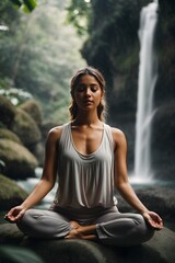 Fototapeta na wymiar person meditating. Yoga lotus pose. Young Caucasian woman sitting on the stone, meditating, practicing yoga, pranayama at waterfall. Hands in gyan mudra. Yoga retreat.