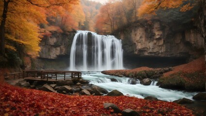 waterfall in autumn, Waterfall view in autumn. The autumn colors surrounding the waterfall offer a visual feast. colorful leaves of autumn.