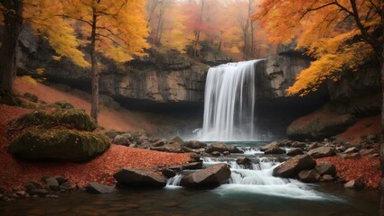 waterfall in autumn, waterfall view in autumn. The autumn colors surrounding the waterfall offer a visual feast. colorful leaves of autumn, wallpaper 4k.