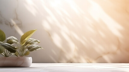 Minimalistic light Marble background blurred foliage shadow on a light wall for Presentation plants palm leafs