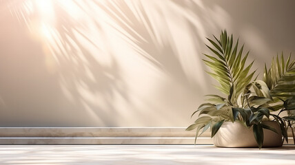 Minimalistic light Marble background blurred foliage shadow on a light wall for Presentation plants palm leafs
