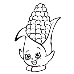 Coloring page. Coloring book. Cartoon Corn. Sweetcorn cob. Happy Vegetable Emoticon. Smiley. Emoji. Eco Food symbol. Design element for t-shirt print, icon, logo, label, patch, sticker.
