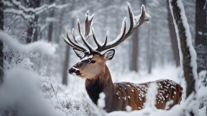 deer in winter, snow. Noble deer male in winter snow forest. Artistic winter christmas landscape.