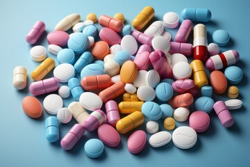 Multi-colored capsules and tablets lie on the side of a blue background. Dietary supplements