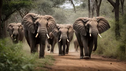 Foto op Canvas African elephants running in forest towards camera, more realistic foreground, at high shutter speed. Wildlife Animal, mammal, safari, trunk, wild, nature. © Lokesh