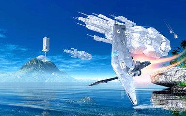 A spaceship flies over an alien ocean while some spaceships float in the sky