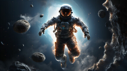 Fototapeta premium An astronaut on a spacewalk, creating cosmic art, and showcasing the beauty of deep space in science fiction style.