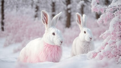 Obraz premium two rabbits in the snow winter forest, its fur blending with the snow while its pink eyes stand out. The forest around it is draped in a soft blanket of snow. wallpaper 4k.