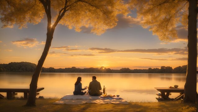 Lakeside scene with a couple enjoying a picnic as the sun sets. The golden hues of the sky reflect on the calm water, creating a tranquil atmosphere.
