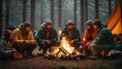 Foto auf Acrylglas camping in the forest, group of friends setting up camp in the woods, emphasizing the details of their winter gear, and the warmth of their campfire. © Lokesh