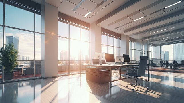 despacho, oficina de trabajo en edificio de oficinas, conteniendo mesas con ordenadores, mobiliario de oficina y gran ventanal con vistas al skyline de la ciudad